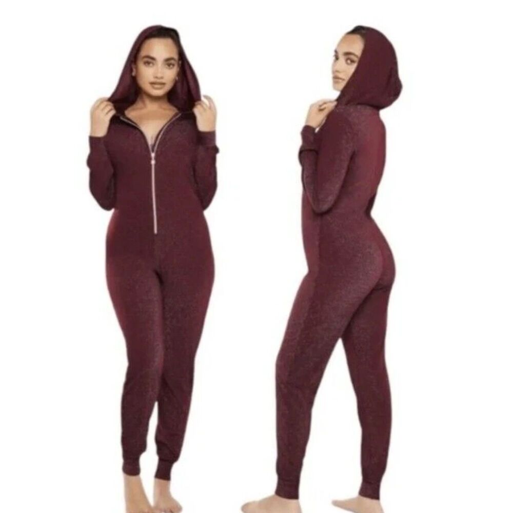Savage X Fenty Sleep & Shine Sparkly Hooded Lounge Jumpsuit Red Cacao Small